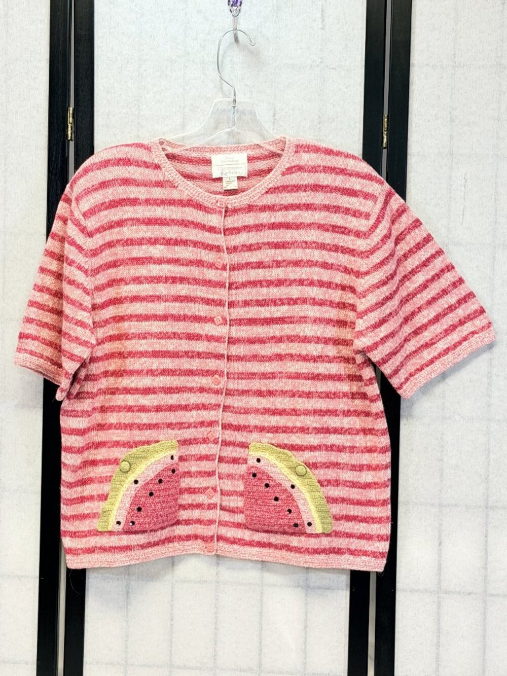 C&B Vintage Pink Stripe Watermelon Pocket Button Cardigan Sweater L Short Sleeve